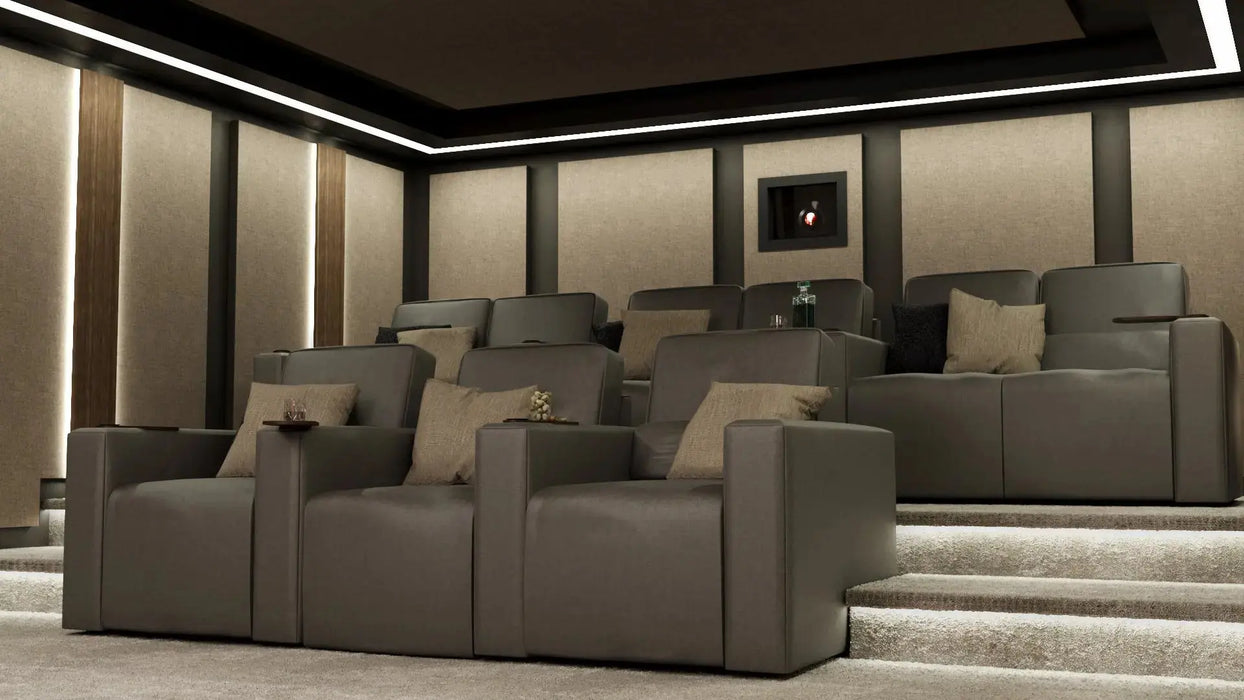 Cinema Interior - Richmond Fabric Walls - In this design we have combined Camira Blazer Lite Daydream with walnut finished backlit columns and rich dark paint on the walls