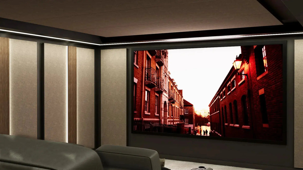 Cinema Interior - Richmond Fabric Walls - In this design we have combined Camira Blazer Lite Daydream with walnut finished backlit columns and rich dark paint on the walls