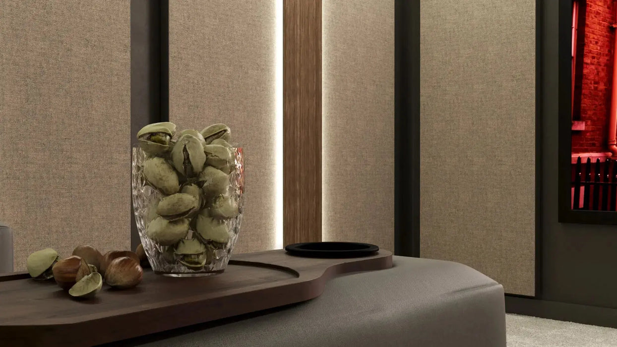 Cinema Interior - Richmond Fabric Walls - In this design we have combined Camira Blazer Lite Daydream with walnut finished backlit columns and rich dark paint on the walls