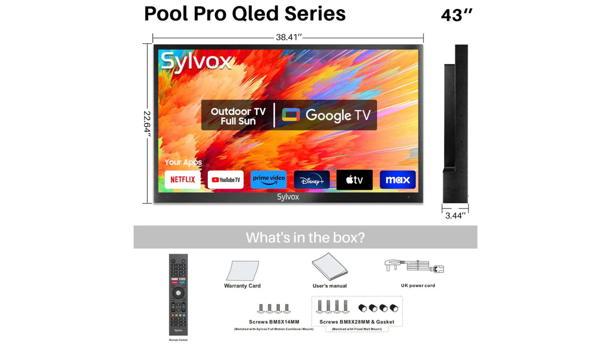 43" Outdoor TV - 2024 Pool Pro 2.0 QLED Series - 2000Nit (Full Sun) Sylvox