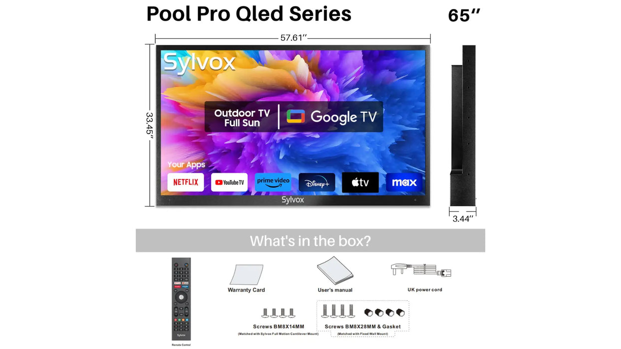 65" Outdoor TV - 2024 Pool Pro 2.0 QLED Series - 2000Nit (Full Sun) Sylvox